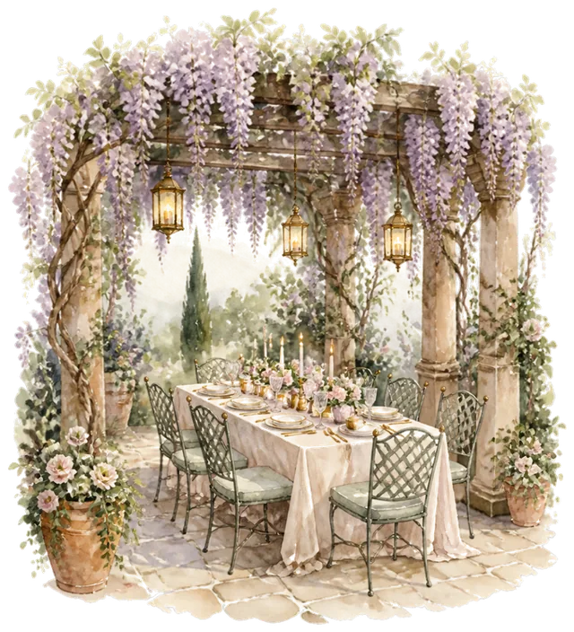 Illustrazione del giardino con il glicine